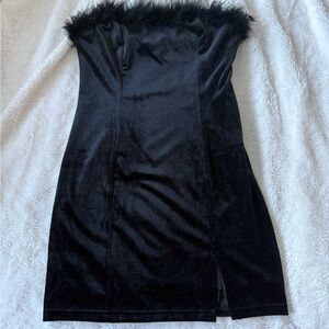 Superdown Black Strapless Dress with Feather Trim